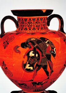 Griechische Zivilisation, 6. Jahrhundert v. Chr. Schwarzfigurige Keramik. Amphore, die Ajax zeigt, wie er den Körper von Achilles trägt.