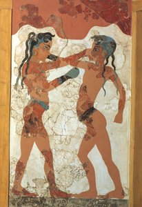 Griechische Zivilisation, Fresko, das junge Boxer darstellt, aus Akrotiri, Thera-Insel, Santorini, Griechenland von Greek School