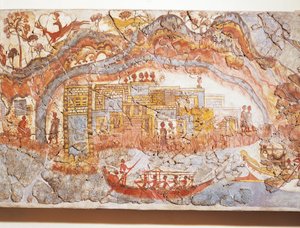 Griechische Zivilisation, Fresko, das eine Schiffsprozession darstellt, aus Akrotiri, Thera-Insel, Santorini, Griechenland von Greek School