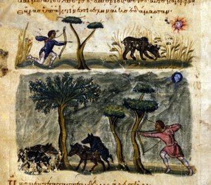 Wildschweinjagd nach dem griechischen Manuskript von Oppianus De Venatione. 13. Jahrhundert von Greek School