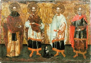 Ikone, die die Heiligen Cosmas und Damian darstellt von Greek School