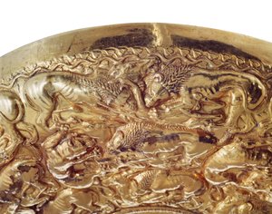Libationsschale mit geprägten Verzierungen in Form von Löwen und Panthern (Gold)