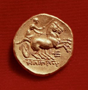 Rückseite eines Staters von Philipp II. (382-336 v. Chr.) von Makedonien, einen Wagenlenker darstellend, 356-336 v. Chr. (Gold) von Greek School