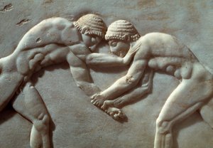 Wettkampf zwischen Athleten, Relief aus der Nekropole von Kerameikos in Athen, Griechenland, Detail, griechische Zivilisation, 6. Jahrhundert v. Chr.