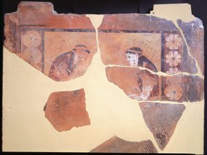 Tochter von Pandion, König von Athen, ca. 630 v. Chr., bemalte Terrakotta-Metope aus dem Tempel des Apollo in Thermos, Griechenland, griechische Zivilisation, 7. Jahrhundert v. Chr.
