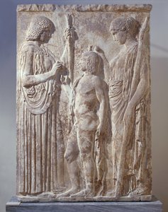 Marmor-Relief, das die Triade der eleusinischen Mysterien mit Persephone, Demeter und Triptolemus darstellt, aus Eleusis