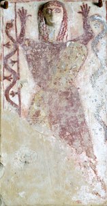 Polychrome Malerei auf Pinax und Relief, das eine weibliche Gottheit mit Schlange darstellt, aus der Agora von Athen, Griechenland, griechische Zivilisation, 7. Jahrhundert v. Chr.