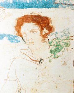 Weißgrundige Keramik, attische Lekythos, die eine Grabmalszene mit Krieger vor dem Grab darstellt (Detail) von Greek School