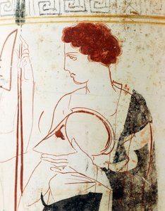 Weißgrundige Keramik, attische Lekythos, die eine Begräbnisszene mit Krieger vor dem Grab darstellt (Detail) von Greek School