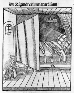 Eine Hebamme reinigt das neugeborene Baby, während die Mutter sich ausruht. Gravur in „Margarita Philosophica“ von Gregor Reisch (1467-1525), Basel von Gregor Reisch