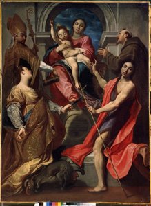 Jungfrau mit Kind und den Heiligen Franz von Assisi, Johannes der Täufer, Margarete von Antiochia und Gregor der Große von Gregorio Pagani