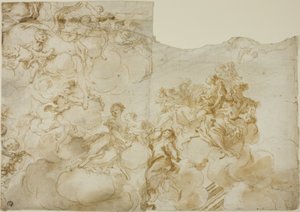 Weibliche Figuren mit Putti in Wolken