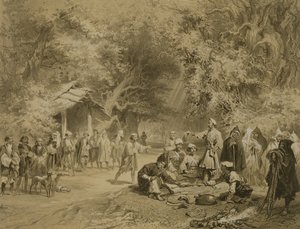 Ende der Jagd, Mingrelien, Tafel 6 aus einem Buch über den Kaukasus, graviert von Adolphe Mouilleron, veröffentlicht von Alfred Leon Lemercier, Paris, 1847