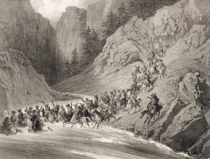 Tcherkersseians auf einem Überfall in der Nähe des Schwarzen Meeres, Tafel 4, aus einem Buch über den Kaukasus, graviert von Eugene Ciceri und Adolphe Jean-Baptiste Bayot, veröffentlicht von Alfred Leon Lemercier von Grigori Grigorevich Gagarin