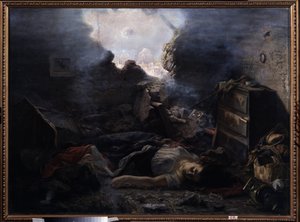 Die Belagerung von Sewastopol. Beschreibung der Gräueltaten des Krimkrieges (1853-1856), während der Belagerung von Sewastopol 1854. Die Leichen einer Frau und ihres Babys liegen auf dem Boden ihres Hauses mit abgerissener Wand