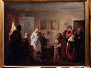 Glückwünsche an ein frisch verheiratetes Paar in einem Herrenhaus von Grigori Grigoryevich Myasoedov