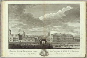 Newski-Prospekt mit dem Stroganow-Palast Buch zum 50. Jahrestag der Gründung von St. Petersburg, 1753 von Grigory Anikeevich Kachalov