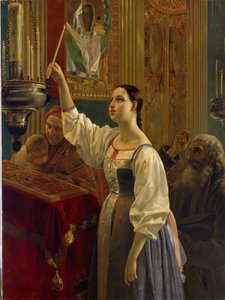 Mädchen stellt eine Kerze vor eine Ikone. In einer orthodoxen Kirche am Gründonnerstag der Osterwoche. von Grigory Mikhailov