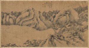 Kloster im Kiefernwald an einem bewölkten Berg, späte 1700er von Gu Chao