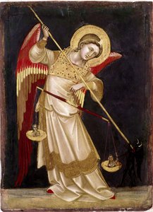 Engel wiegt eine Seele auf einer Waage. Holzgemälde von Guariento di Arpo von Guariento di Arpo