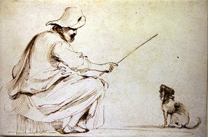 Ein sitzender Mann, der einen Hund trainiert von Guercino