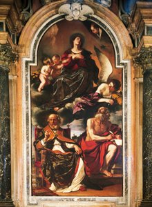 Mariä Himmelfahrt mit St. Peter und St. Hieronymus, von Giovanni Francesco Barbieri, bekannt als Guercino, Öl auf Leinwand. Kathedrale Santa Maria Assunta, Reggio Emilia. von Guercino