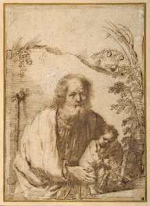 St. Joseph und das Jesuskind, einen Zweig eines Apfelbaums greifend