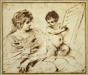 Eine sitzende Sibylle, begleitet von einem Putto, der eine große beschriftete Tafel hält von Guercino