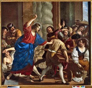 Christus vertreibt die Geldwechsler aus dem Tempel. Gemälde von Giovanni Francesco Barbieri, genannt Il Guercino
