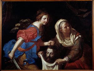 Judith und das Haupt des Holofernes. Ihre Magd Abra hält den Beutel, während Judith den Kopf des Mannes ablegt. Gemälde von Giovanni Francesco Barbieri, genannt Il Guercino. von Guercino