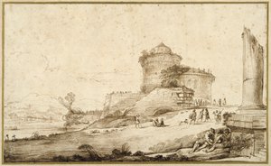Landschaft mit einer gebrochenen Säule, einer Burg und zahlreichen Figuren im Vordergrund rechts