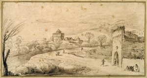 Landschaft mit einem Zinnen-Torhaus und einer kurvenreichen Straße