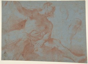 Sitzender alter Mann mit erhobenem rechten Arm (Tithonus) (recto)