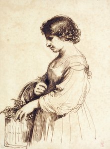 Eine junge Frau hält einen Obstkorb von Guercino