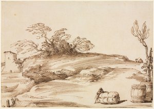 Landschaft mit einem Mann, der sich auf einen Ballen lehnt, um 1640 von Guercino