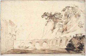 Landschaft mit einem Fluss, der von einer Brücke überquert wird, gesäumt von Zuschauern, die zu einem Gebäude mit einer überhängenden Loggia mit einer Gruppe von Zuschauern führt
