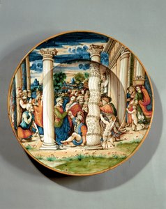 Schale mit Darstellung von St. Peter und St. Johannes, wie sie den Lahmen am Tempel heilen, ca. 1540-50 (Majolika)