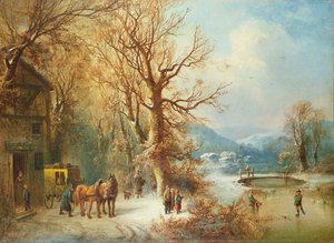 Kutsche und Pferde in einer verschneiten Landschaft