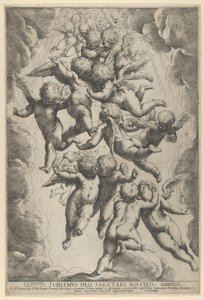 Eine Gruppe von Engeln, die sich im Flug umarmen, umrahmt von Wolken