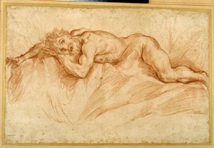 Ein verängstigter nackter Mann, der auf felsigem Boden liegt von Guido Reni