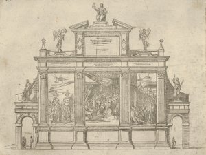 Fassade eines Triumphdenkmals mit drei Szenen, die Taten von Papst Clemens VIII. darstellen, eine temporäre Dekoration, 1598 von Guido Reni