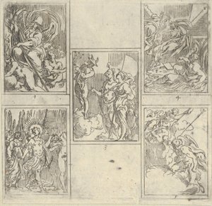 Fünf nummerierte Szenen, jede nach einem Maler in der Accademia Degl