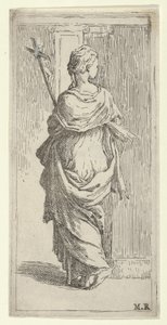 Mädchen, das ein Kruzifix trägt und auf einen Pfeiler zugeht, von hinten gesehen, ca. 1590-1600 von Guido Reni
