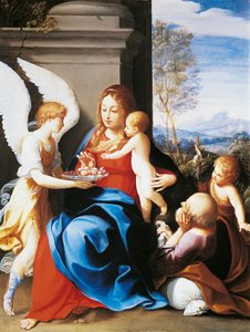 Heilige Familie von Engeln bedient, von Guido Reni (1575-1642) von Guido Reni