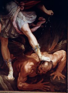 Der heilige Michael zertritt den Kopf des Dämons (Detail) von Guido Reni