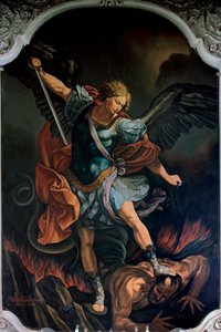 Der Erzengel Michael besiegt den Drachen von V. M. De Girolamo (20. Jahrhundert) nach Guido Reni. 1957