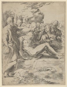 Die Grablegung, Christus mit ausgestreckten Beinen, die Jungfrau rechts, 1590-1600 von Guido Reni