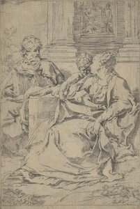 Die Heilige Familie sitzt zusammen vor einer Kolonnade, Josef liest von Guido Reni