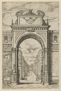 Triumphbogen mit einer Statue von Moses, Gebäude durch den Bogen sichtbar... von Guido Reni