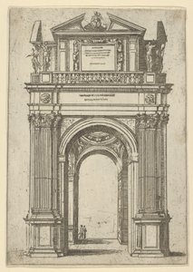 Triumphbogen mit einer Frau auf einem Delphin, vier stehenden Figuren und einem Tempel von Guido Reni